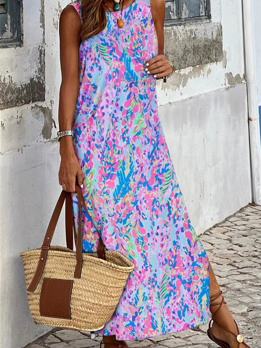 Forever 21 Light Floral Print Slit Maxi Dress Slim-Fit Round-Neck Pullover